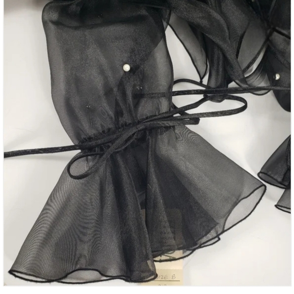 Joseph Ribkoff Black Sheer Organza Blouse Faux Pearls Bell Sleeve Tie Waist NWT4 - Picture 6 of 13